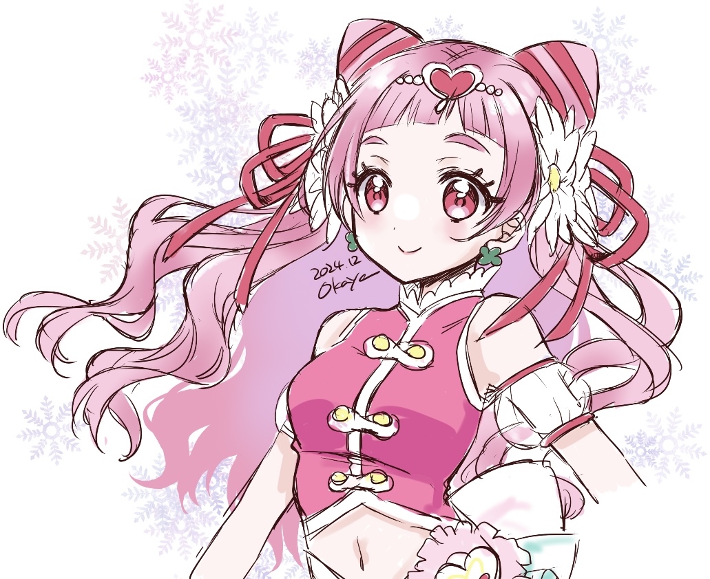 closed_mouth clover_earrings cone_hair_bun cure_yell four-leaf_clover_earrings hair_bun heart_pouch hugtto!_precure layered_skirt long_hair magical_girl nono_hana okayashi pink_eyes pink_hair precure short_bangs skirt smile thick_eyelashes waist_brooch