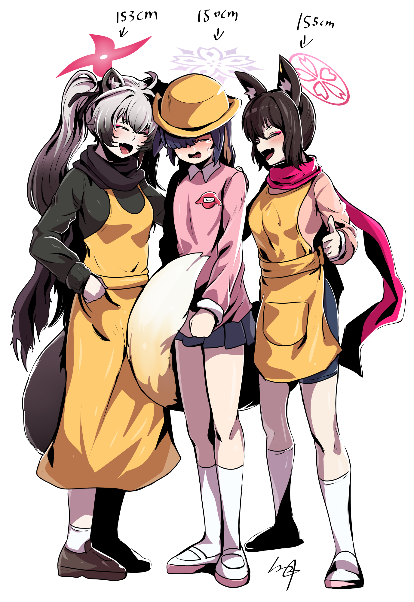 3girls aged_down alternate_height animal_ears apron black_skirt blonde_hair blue_archive breasts colored_inner_hair fox_ears fox_girl fox_tail grey_hair hair_over_one_eye halo height_chart highres izuna_(blue_archive) jacket kindergarten_uniform long_hair long_sleeves lop_rabbit_ears michiru_(blue_archive) miniskirt multicolored_hair multiple_girls ninjutsu_research_club_(blue_archive) pink_halo pink_jacket pleated_skirt purple_hair rabbit_ears rabbit_girl raccoon_ears raccoon_girl raccoon_tail ryuki_(red_dolphinman) skirt small_breasts tail tsukuyo_(blue_archive) twintails yellow_apron
