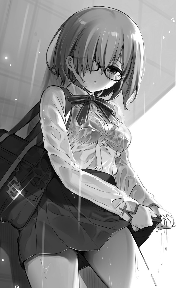 1girl asymmetrical_bangs bag blush bow bowtie bra breasts collared_shirt cowboy_shot fate/grand_order fate_(series) glasses greyscale hair_over_one_eye hanabana_tsubomi highres long_sleeves looking_down mash_kyrielight monochrome parted_lips rain school_bag school_uniform see-through_clothes see-through_shirt shirt shirt_tucked_in short_hair skirt small_breasts solo underwear wet wet_clothes wringing_clothes
