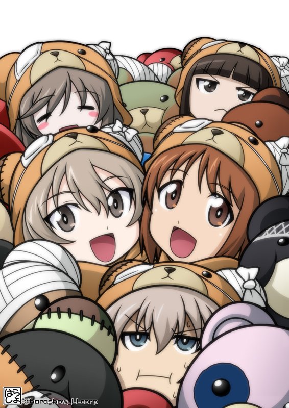 5girls :d :i animal_costume artist_logo bandages bear_costume black_hair blunt_bangs blush_stickers boko_(girls_und_panzer) brown_eyes brown_hair closed_eyes closed_mouth commentary eyepatch frown girls_und_panzer half-closed_eyes harada_shoutarou itsumi_erika light_brown_hair logo looking_at_viewer medical_eyepatch mother_and_daughter multiple_girls nishizumi_miho nishizumi_shiho open_mouth shimada_arisu shimada_chiyo short_hair simple_background smile stuffed_animal stuffed_toy sweatdrop teddy_bear twitter_username white_background