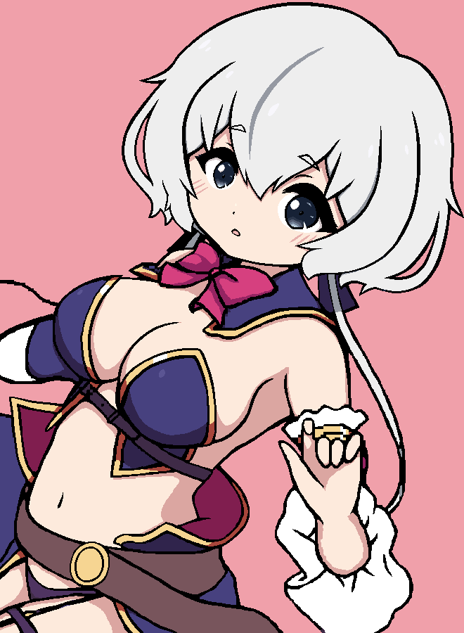 1girl akabekothefinal alternate_costume belt blue_eyes blush bow breasts cleavage cosplay detached_collar detached_sleeves dot_nose hair_between_eyes hand_up hip_focus konno_junko large_breasts light_blush looking_at_viewer low_twintails machikado_mazoku midriff navel nose open_mouth red_background red_bow revealing_clothes short_hair simple_background solo thigh_strap twintails upper_body white_hair yoshida_yuuko_(machikado_mazoku)_(cosplay) zombie_land_saga