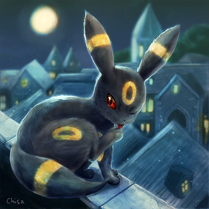 animal_focus colored_sclera full_moon gen_2_pokemon house licking licking_self markings momomo12 moon night nintendo no_humans pokemon pokemon_(creature) red_sclera sitting solo tongue tongue_out umbreon