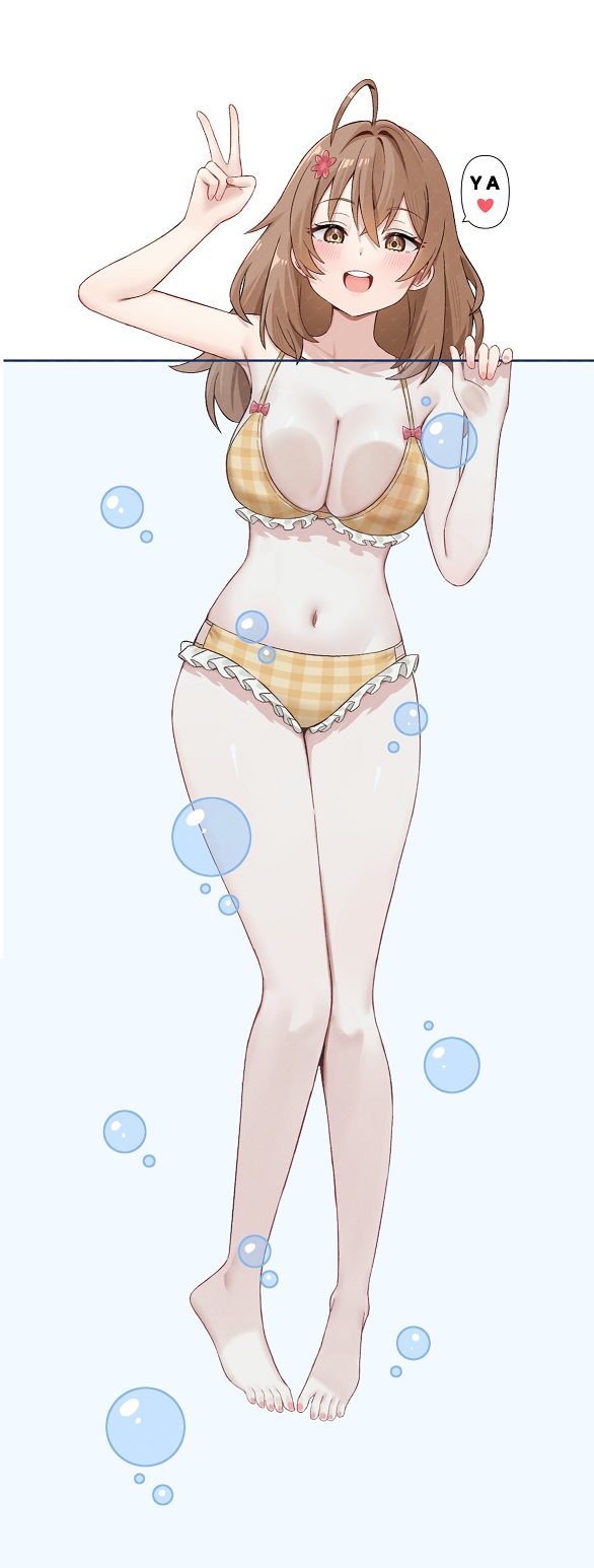 1girl :d ahoge barefoot bikini blush breasts brown_hair bygin cleavage collarbone flower frilled_bikini frills full_body hair_between_eyes hair_flower hair_ornament heart highres large_breasts legs long_hair looking_at_viewer mariya_mikhailovna_kujou navel open_mouth partially_submerged partially_underwater_shot plaid_bikini plaid_clothes smile solo speech_bubble swimsuit teeth thighs toes tokidoki_bosotto_roshia-go_de_dereru_tonari_no_alya-san tongue upper_teeth_only v water yellow_bikini