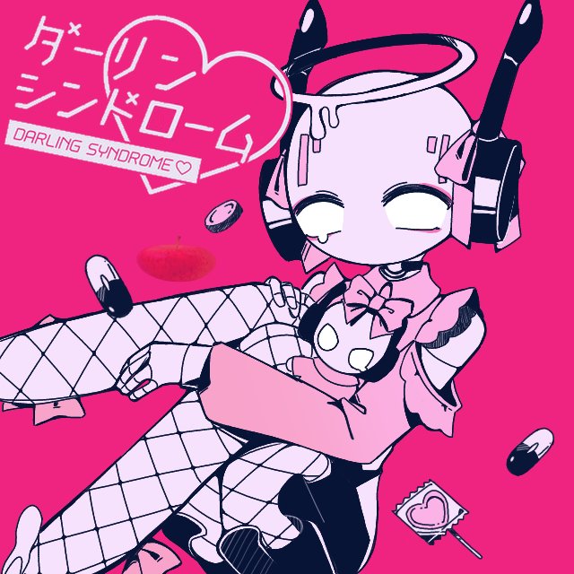 1boy androgynous bald black_skirt bow candy coin commentary_request crossdressing darling_dance_(vocaloid) english_text facial_mark fishnet_pantyhose fishnets five_pebbles fivefuckss food forehead_mark hair_bow halo hand_on_knees heart heart-shaped_food heart-shaped_lollipop holding holding_stuffed_toy iterator_(rain_world) jirai_kei joints lollipop looking_at_viewer makeup neuron_fly_(rain_world) pantyhose pill pink_background pink_bow pink_shirt rain_world robot robot_ears robot_joints shaped_lollipop shirt skirt stuffed_toy tearing_up trap wide-eyed