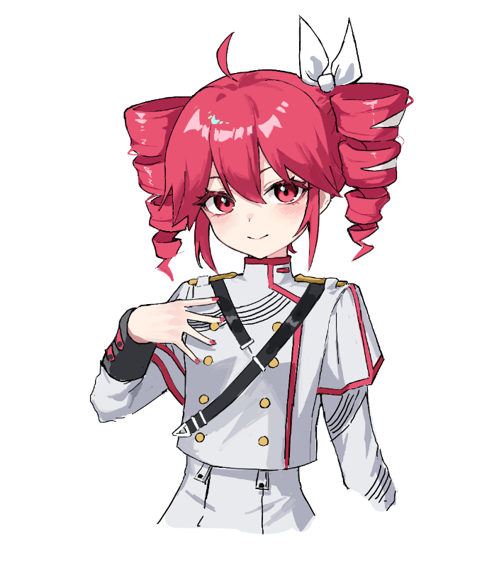 1girl belt black_belt black_sleeve_cuffs bow buttons closed_mouth cropped_torso double-breasted drill_hair fingernails grey_hair grey_skirt hair_between_eyes hair_bow hair_ribbon hu2924 jacket kasane_teto kasane_teto_(sv) layered_sleeves long_sleeves looking_at_viewer red_eyes red_nails red_thighhighs ribbon shoulder_belt shoulder_boards simple_background skirt smile solo striped_clothes striped_jacket synthesizer_v thighhighs twin_drills upper_body utau white_background white_bow white_ribbon