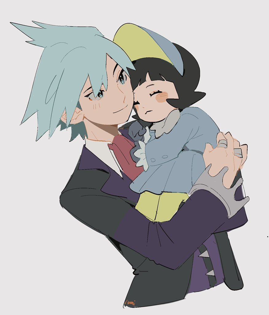 1boy 1girl black_hair blush_stickers carrying closed_eyes closed_mouth collared_shirt eyelashes gloves jacket jewelry long_sleeves mei_(manjunii) necktie nintendo pantyhose pleated_skirt pokemon pokemon_oras pokemon_sv poppy_(pokemon) ring shirt short_hair simple_background skirt smile steven_stone vest white_background white_shirt yellow_pantyhose