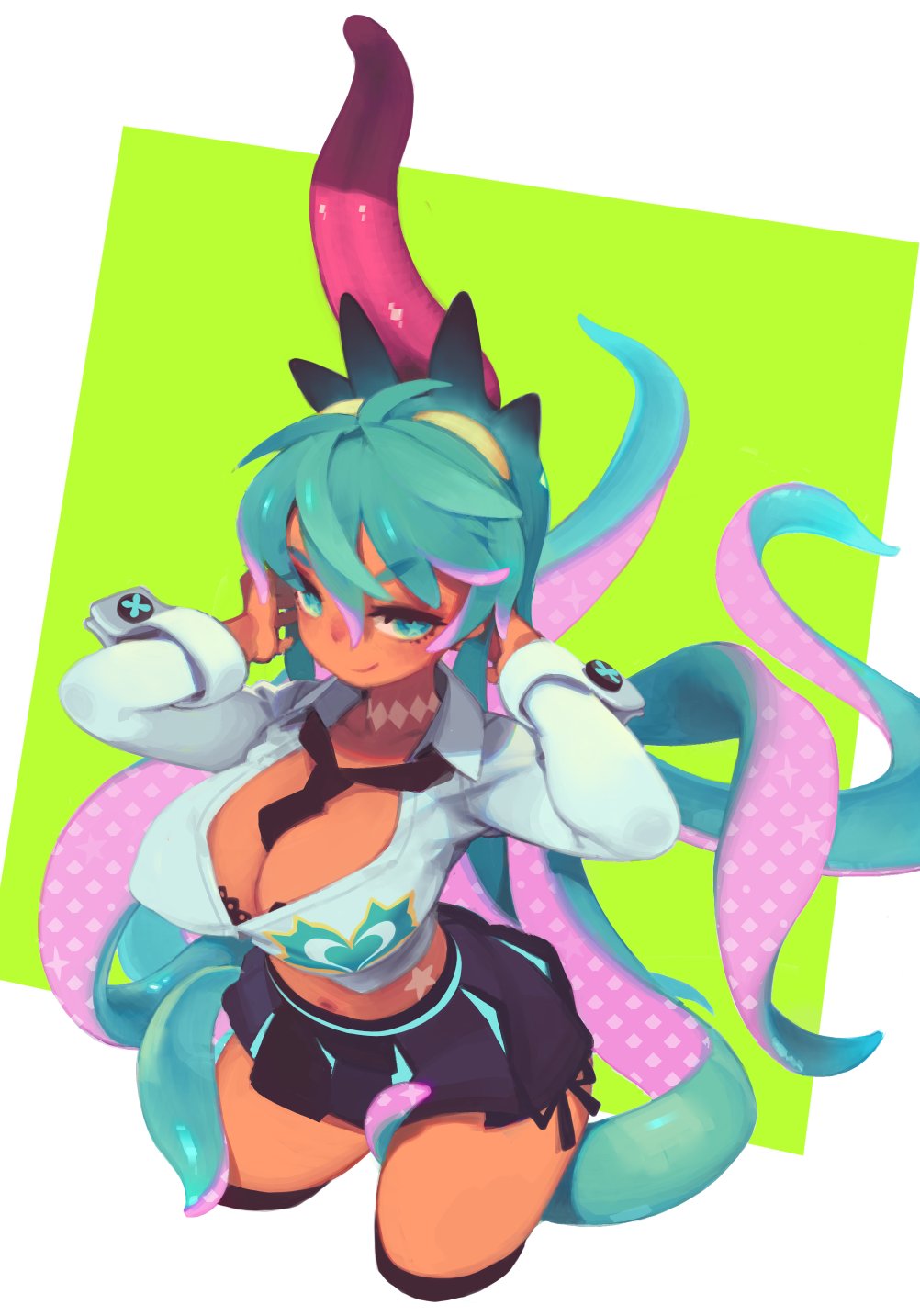 1girl alternate_color bra breasts cleavage cropped_legs dark-skinned_female dark_skin from_above fukua_(skullgirls) green_background green_eyes green_hair hands_on_own_head highres lace lace-trimmed_bra lace_trim large_breasts long_hair looking_at_viewer looking_up navel necktie pleated_skirt school_uniform shamone_(skullgirls) skirt skullgirls smile solo tenteech tongue tongue_out underwear