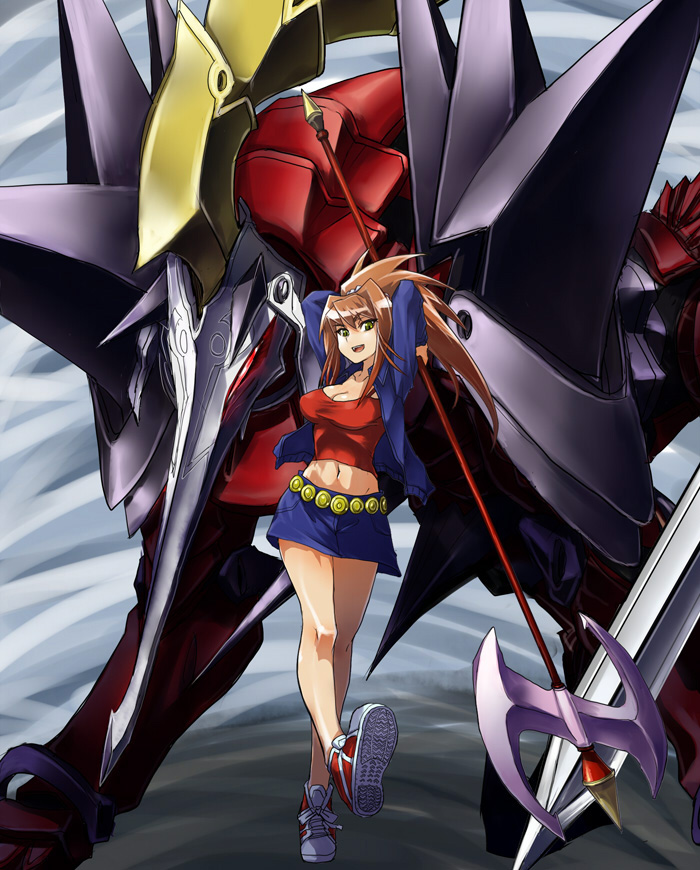 00s 1girl breasts brown_hair cleavage cute_weapon female_focus green_eyes large_breasts long_hair mecha midriff my-hime polearm robot shoes skirt skj sneakers solo sugiura_midori weapon