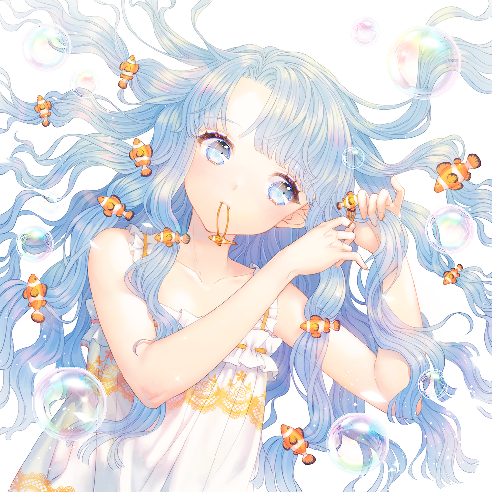 1girl adjusting_hair bare_arms blue_eyes bubble clownfish collarbone dress eyebrows eyelashes female_focus fish fish_hair_ornament flat_chest floating_hair frills hair_ornament hair_tie holding holding_own_hair long_hair looking_away looking_to_the_side mouth_hold multi-tied_hair orange_ribbon original pinky_out print_dress ribbon ribbon-trimmed_dress ribbon_trim saban shiny_skin silver_hair sleeveless sleeveless_dress solo sundress tropical_fish tying_hair unworn_hair_ornament white_background white_dress