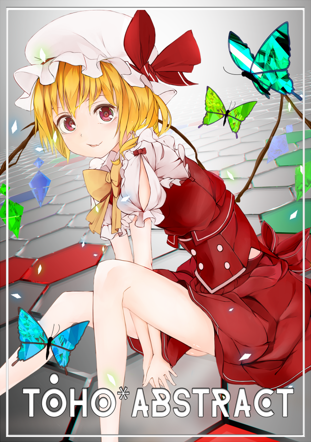 1girl adapted_costume blonde_hair bug butterfly copyright_name crystal dutch_angle english_text fangs female_focus flandre_scarlet hat hat_ribbon insect looking_at_viewer mob_cap open_mouth puffy_sleeves radiosity_(yousei) red_eyes ribbon shirt short_hair short_sleeves side_ponytail sitting skirt skirt_set smile solo text_focus touhou vest wings
