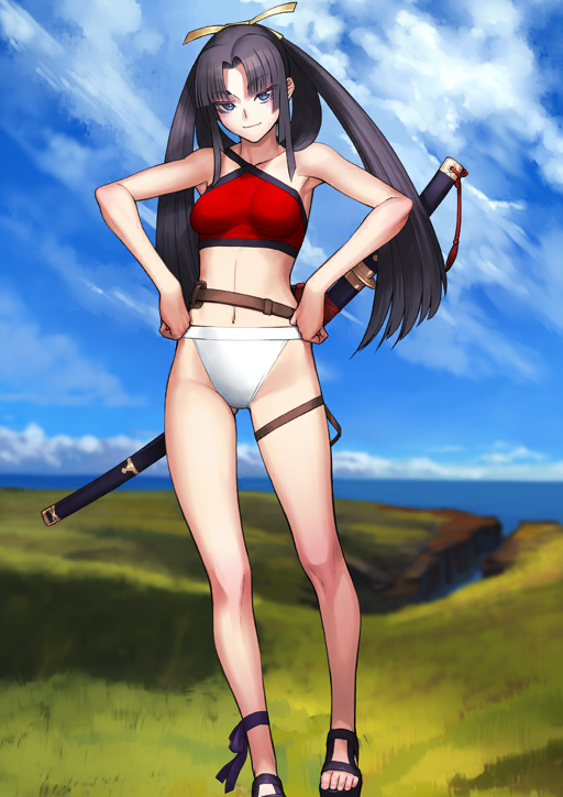 1girl ankle_ribbon bare_arms bare_legs bare_shoulders bikini black_hair black_ribbon black_sandals blue_eyes breasts closed_mouth collarbone curtained_hair eyeshadow fate/grand_order fate_(series) foot_out_of_frame gluteal_fold groin hair_ribbon hair_rings hands_on_own_hips highleg highleg_bikini katana leg_ribbon long_hair long_sidelocks looking_at_viewer makeup medium_breasts mismatched_bikini navel no_socks official_art platform_sandals red_bikini red_eyeshadow ribbon sakamoto_mineji sandals sheath sheathed sidelocks single_strap smile solo split_ponytail standing swimsuit sword third-party_source toes ushiwakamaru_(fate) ushiwakamaru_(fate/grand_order) ushiwakamaru_(swimsuit_assassin)_(fate) ushiwakamaru_(swimsuit_assassin)_(second_ascension)_(fate) variant_set weapon white_bikini yellow_ribbon