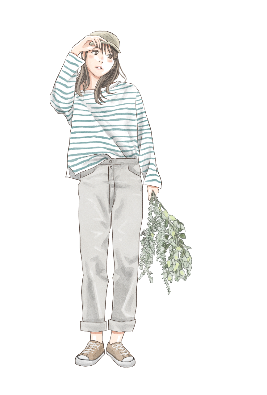 1girl baseball_cap blush brown_eyes brown_hair casual diagonal-striped_shirt full_body hat highres long_hair long_sleeves original otto_(otto52coffee) pants shoes sneakers solo white_background