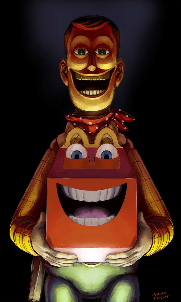 1boy agemmata bad_id bad_pixiv_id bandana black_eyes blue_eyes brown_hair cowboy cowboy_western creepy crossover dated doll_joints highres horror_(theme) joints male_focus mcdonald&#039;s parody rape_face sheriff_woody smile solo teeth toy_story western you_gonna_get_raped