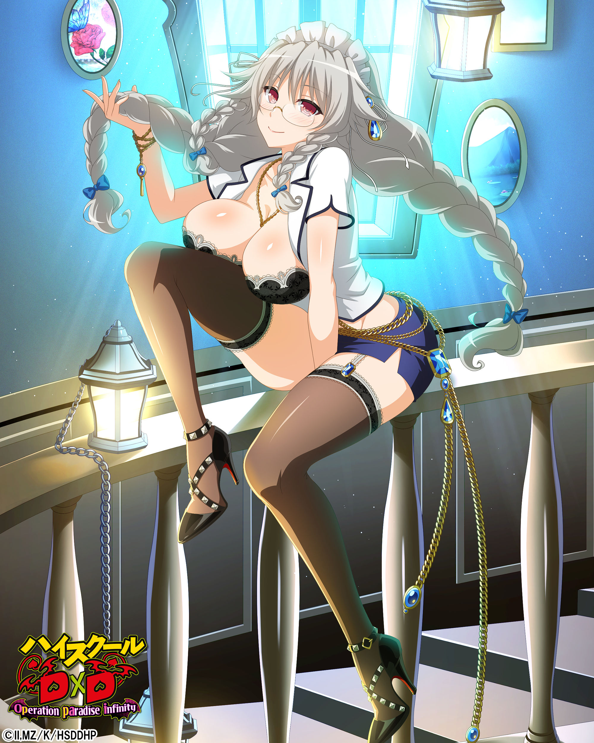 1girl absurdres black_bra black_shoes black_thighhighs blue_bow blue_skirt blush bow bra braid breasts cleavage copyright_name female_focus frilled_bra frills garter_straps glasses grayfia_lucifuge grey_hair hair_bow high_heels high_school_dxd high_school_dxd_hero high_school_dxd_operation_paradise_infinity highres indoors large_breasts long_hair looking_at_viewer maid_headdress miniskirt official_alternate_costume official_art open_clothes open_shirt patent_heels pumps purple_eyes red_soles semi-rimless_eyewear shirt shoes skirt smile solo stiletto_heels thighhighs twin_braids under-rim_eyewear underwear white_shirt