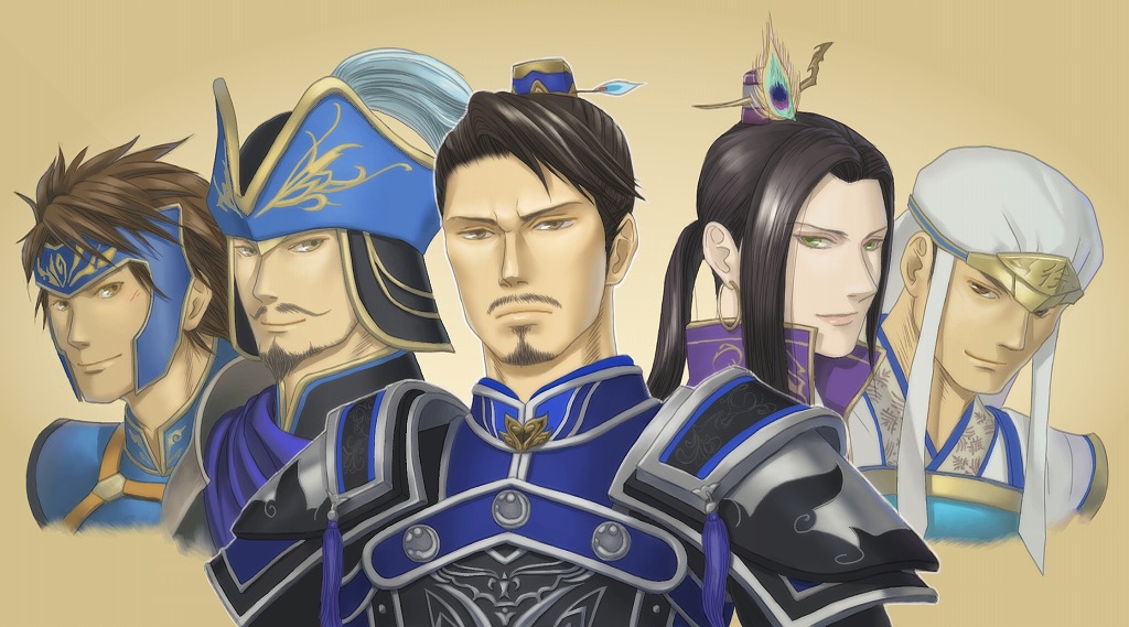 5boys armor beard beige_background body_piercings brown_hair earrings facial_hair gold hat jewelry male_focus multiple_boys ponytail shin_sangoku_musou simple_background xu_huang yu_jin yue_jin zhang_he_(shin_sangoku_musou) zhang_liao_(shin_sangoku_musou)