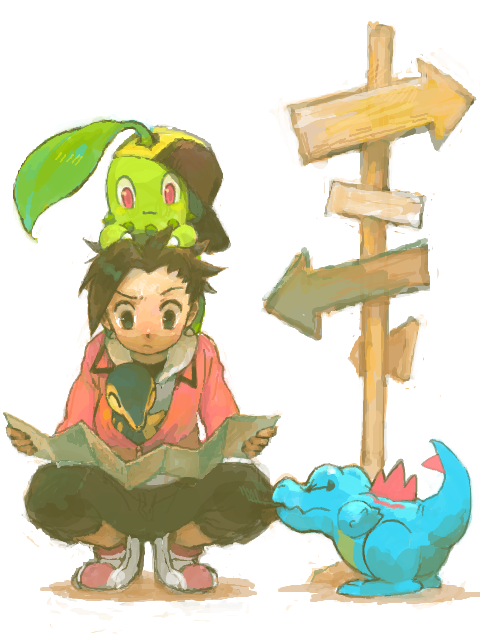 00s 1boy :3 animal animal_in_clothes baseball_cap biting biting_clothes black_eyes black_hair borrowed_clothes chikorita cosplay cyndaquil d&amp;p ethan_(pokemon) ethan_(pokemon)_(cosplay) gen_2_pokemon hat holding holding_paper map nintendo on_head paper pokemon pokemon_(creature) pokemon_hgss pokemon_on_head red_eyes starter_pokemon_trio tegaki totodile