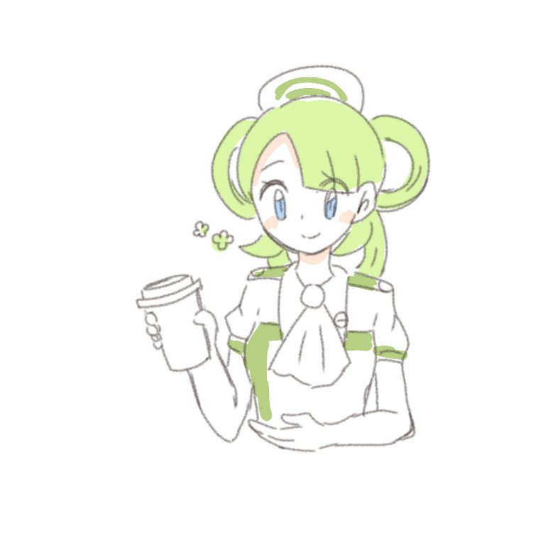 1girl blue_eyes closed_mouth cropped_torso dress employee_uniform green_hair hat nintendo nurse_cap pokemon pokemon_masters_ex simple_background smile trinnia_(pokemon) white_background