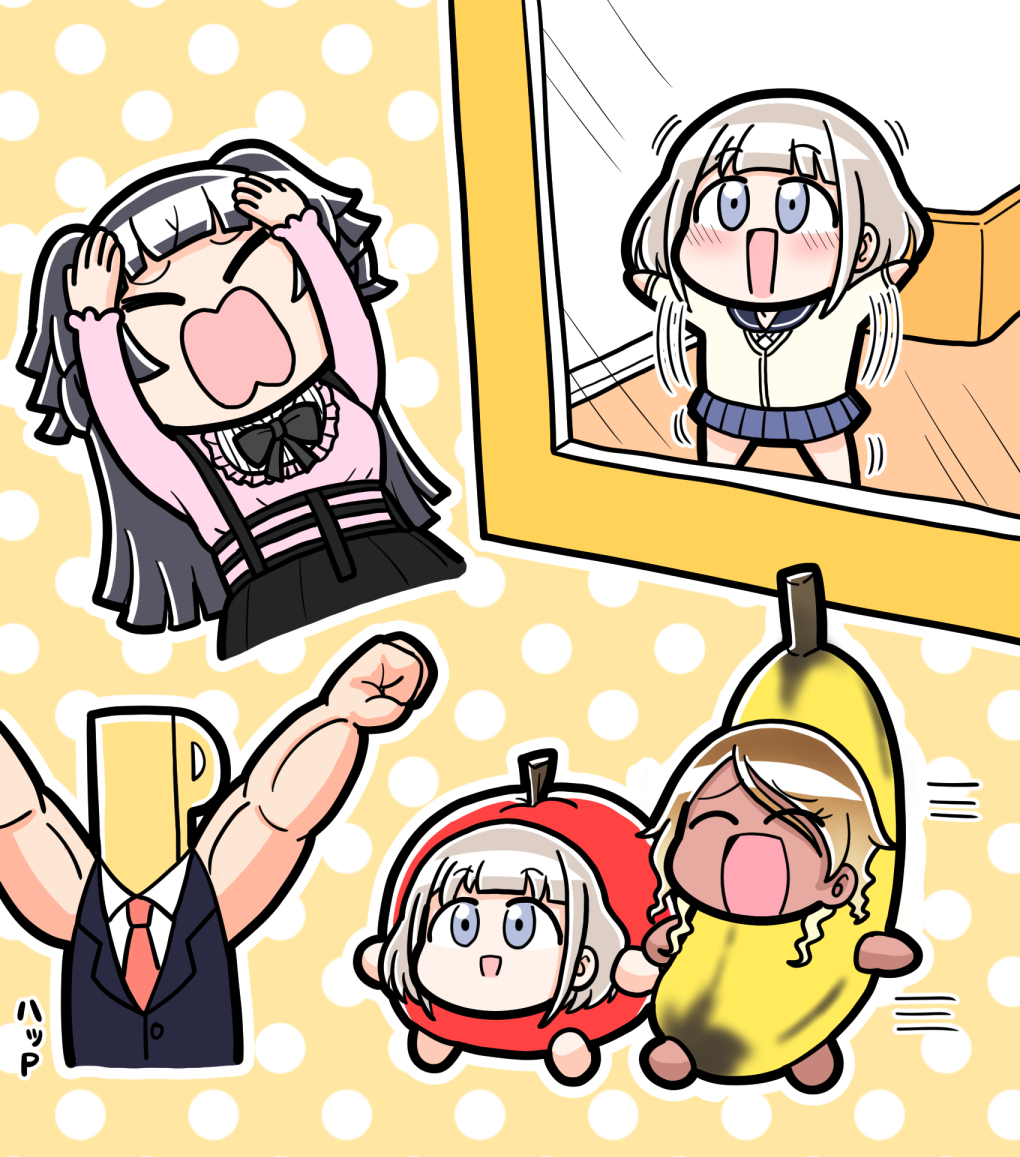 1boy 3girls arms_up banana_costume black_hair black_ribbon black_skirt blonde_hair blue_eyes blue_skirt blunt_bangs blunt_ends brown_cardigan cardigan chibi commentary dark-skinned_female dark_skin frilled_shirt frills gradient_hair idolmaster idolmaster_shiny_colors izumi_mei light_brown_hair long_hair long_sleeves mayuzumi_fuyuko miniskirt motion_lines multicolored_hair multiple_girls muscular muscular_male necktie no_nose open_mouth p-head_producer pleated_skirt polka_dot polka_dot_background producer_(idolmaster) red_necktie ribbon serizawa_asahi shirt skirt straylight_(idolmaster) tsunamayo white_shirt