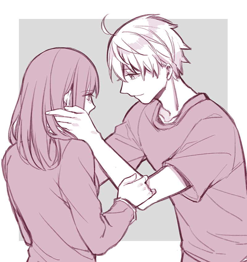 1boy 1girl ahoge arthur_pendragon_(fate) breasts commentary_request fate/prototype fate_(series) hand_on_another&#039;s_cheek hand_on_another&#039;s_face height_difference jacket limited_palette medium_breasts qixiang_seren sajou_ayaka_(fate/prototype) shirt smile t-shirt