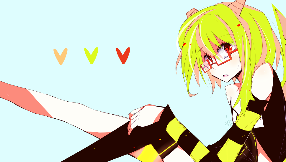 1girl blush cosplay demon_horns funamusea glasses green_hair haiiro_teien horns looking_at_viewer luvoratorrrrry!_(vocaloid) red_eyes sakiroll short_hair solo yosafire_(funamusea)
