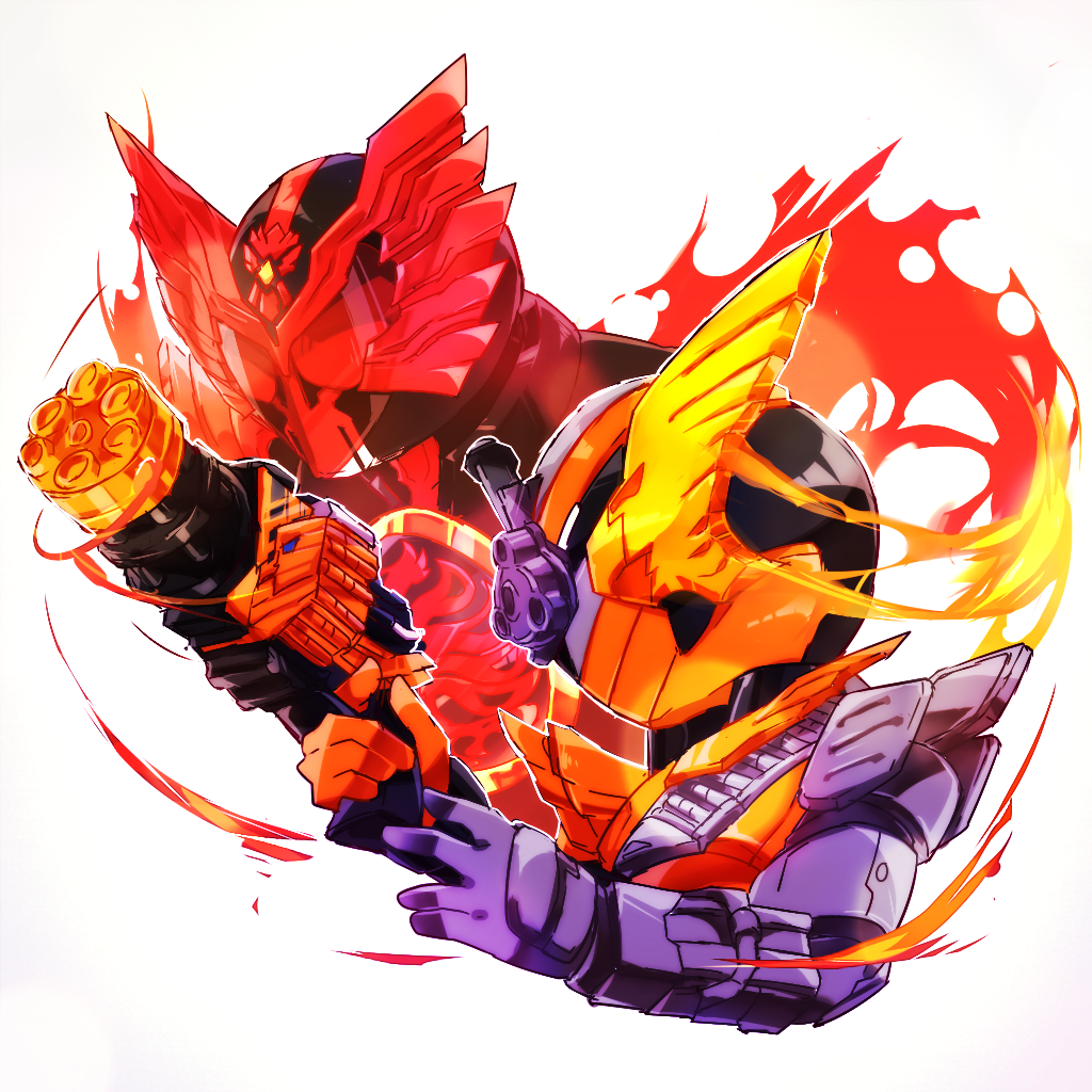 armor asymmetrical_armor bird black_armor black_bodysuit bodysuit breastplate chibi fire forehead_jewel gatling_gun gem glass gloves gun hawk hawk+gatling_form_(best_match) helmet holding holding_weapon kamen_rider kamen_rider_build kamen_rider_build_(series) kamen_rider_ooo kamen_rider_ooo_(series) orange_armor orange_bodysuit orange_gloves pukapukaukiwa purple_armor purple_bodysuit purple_gloves red_armor shoulder_armor simple_background tajador_(ooo_combo) weapon white_background wings
