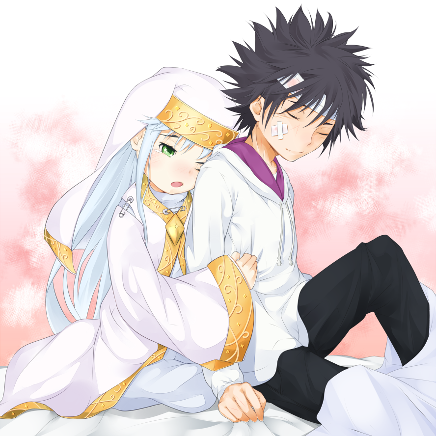 1boy 1girl alternate_eyebrows bandaged_head bandages black_pants closed_eyes closed_mouth commentary_request feet_out_of_frame green_eyes grey_hair habit hair_between_eyes hood hood_down hoodie hug hug_from_behind index_(toaru_majutsu_no_index) injury kamijou_touma light_blush long_hair long_sleeves mismatched_eyebrows monochrome_background nun one_eye_closed open_mouth pants pink_background robe safety_pin shin_(highest1192) short_hair sitting spiked_hair toaru_majutsu_no_index white_hoodie white_robe wide_sleeves