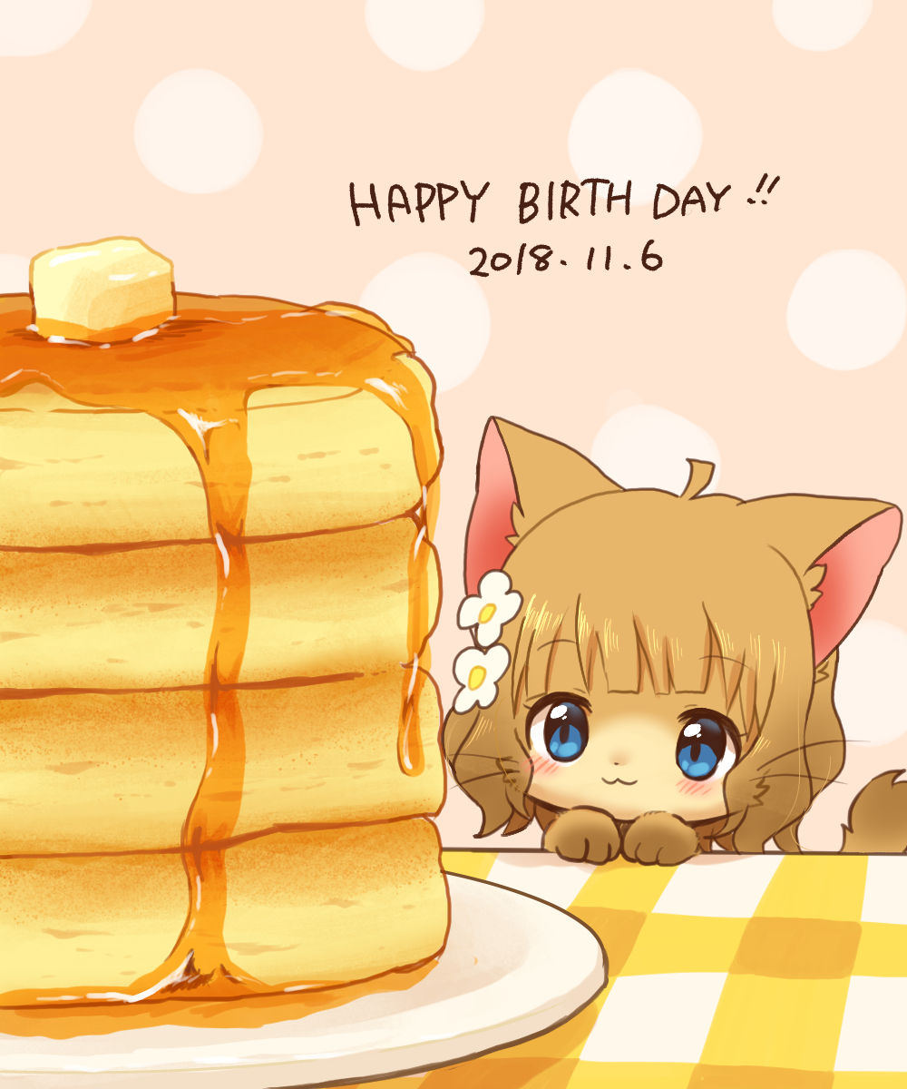 :3 ahoge animal animal_focus animalization blue_eyes blush brown_hair butter cat closed_mouth dated english_text flower food hair_flower hair_ornament happy_birthday highres idolmaster idolmaster_million_live! looking_at_food no_humans pancake pancake_stack plate short_hair smile suou_momoko syrup table wataboshi white_flower
