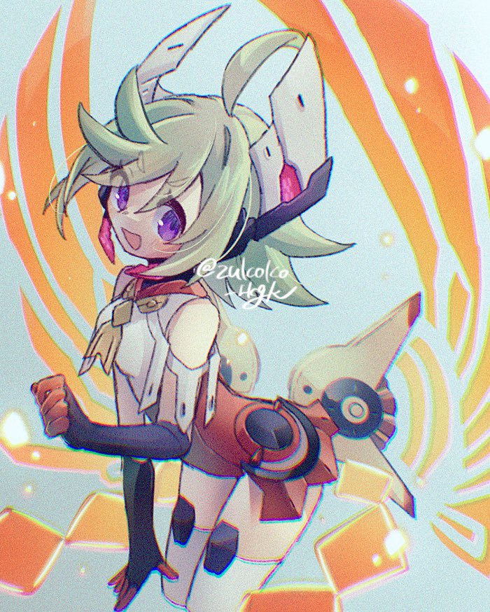 1girl azure_striker_gunvolt azure_striker_gunvolt_2 bare_shoulders cowboy_shot energy_wings green_eyes grey_background headgear leotard orange_wings purple_eyes red_leotard roro_(gunvolt) short_hair simple_background solo wings zukoko_rkgk