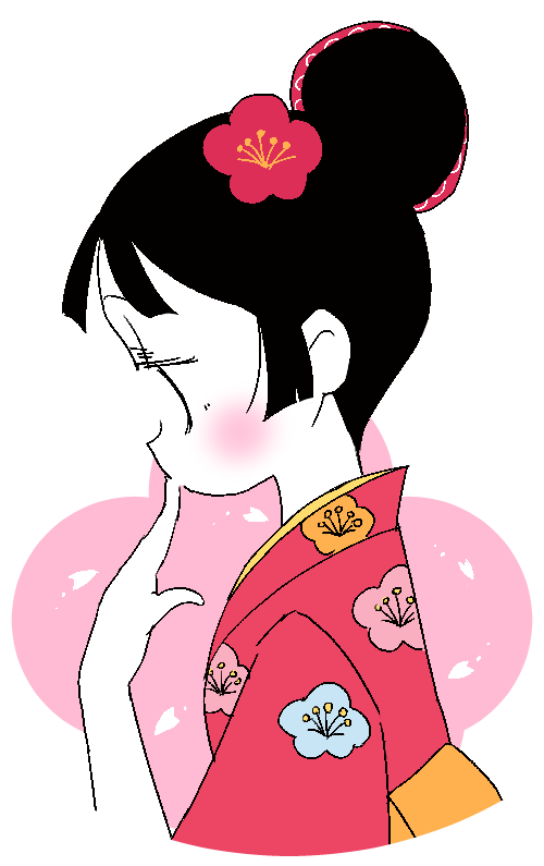 1girl black_hair blush dokan_(dkn) floral_print flower hair_bun hair_flower hair_ornament heart japanese_clothes kimono koume-chan_(lotte) lotte_(company) solo upper_body white_background