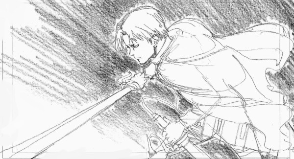 1boy holding holding_sword holding_weapon levi_(shingeki_no_kyojin) male_focus monochrome nakamura_yutaka shingeki_no_kyojin short_hair sketch solo solo_focus sword weapon