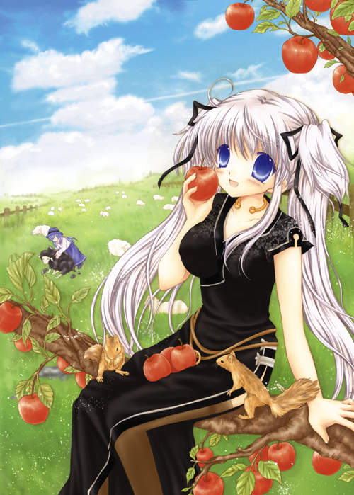 2girls :d ahoge animal apple black_dress black_ribbon black_sheep blue_eyes blue_headwear blue_skirt blue_sky breasts brown_thighhighs china_dress chinese_clothes cloud collarbone dress fedora fence field floral_print food fruit grass grey_hair hair_ribbon hat holding holding_food holding_fruit in_tree jewelry leaf long_hair long_skirt long_sleeves lorna mabinogi medium_breasts multiple_girls nao_(mabinogi) neck_ring open_mouth outdoors pan_(mabinogi) print_dress ribbon shararan shearing sheep shirt side_slit single_horizontal_stripe sitting sitting_in_tree skirt sky smile squirrel thighhighs tree twintails very_long_hair white_shirt wooden_fence
