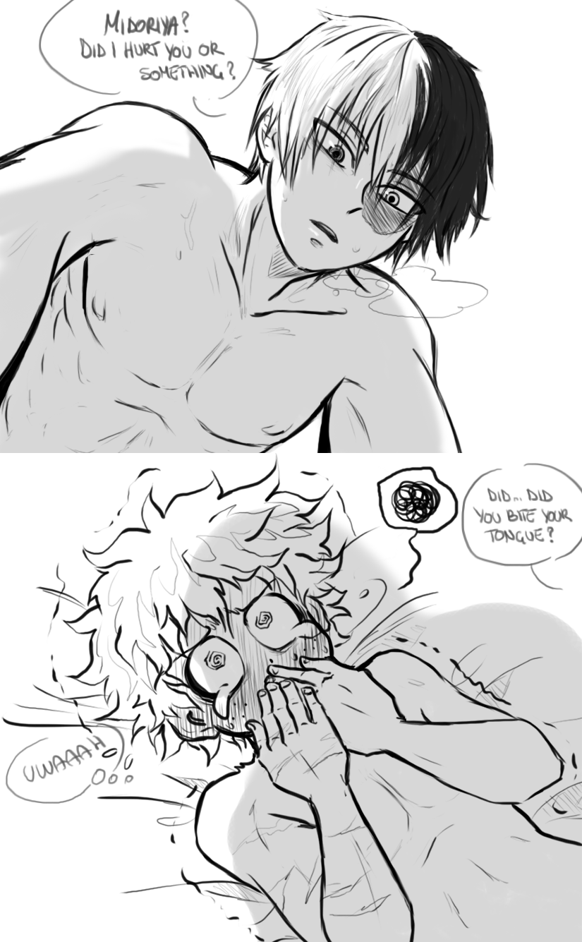 2boys bed blush boku_no_hero_academia covering_own_mouth english english_text highres in_pain kinnme male_focus midoriya_izuku multiple_boys on_bed sex shounen_jump shueisha tears todoroki_shouto topless_female topless_male yaoi