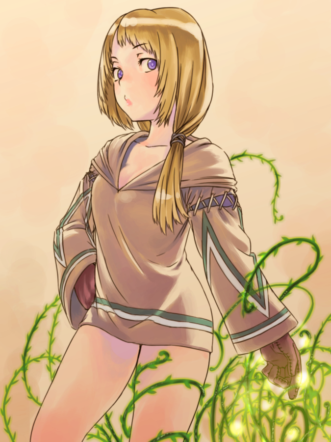 1girl blonde_hair female_focus final_fantasy final_fantasy_tactics geomancer_(fft) gloves gradient_background hajime_(pixiv695496) long_hair plant purple_eyes solo vines