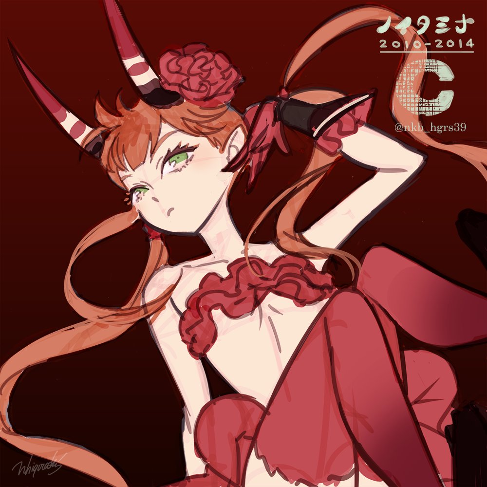 1girl 2010 2014 artist_name bare_shoulders c_(control) commentary_request female_focus flower frills frown gloves green_eyes hair_flower hair_ornament higurashi_nakaba horns logo long_hair mashu_(control) noitamina oni_horns pointy_ears red_background red_hair red_theme red_thighhighs signature sketch solo strapless thighhighs tube_top twintails twitter_username very_long_hair