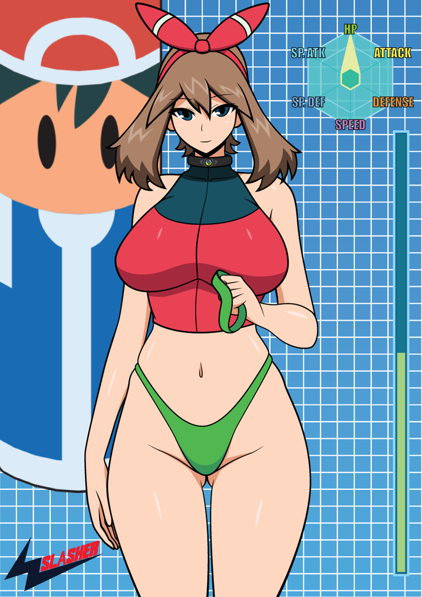 1girl alternate_color artist_name ash_ketchum blue_eyes breasts brown_hair buruma choker cowboy_shot curvy english_text female_focus gluteal_fold green_buruma hair_ornament hair_ribbon hairband highleg highleg_buruma highleg_panties hip_focus large_breasts legs long_legs looking_at_viewer may_(pokemon) may_(pokemon_oras) midriff navel nintendo palette_swap panties pokemon pokemon_(anime) red_ribbon ribbon shiny_skin shirt skin_tight sleeveless sleeveless_shirt solo spandex standing stats tagme text_focus underwear wslasher