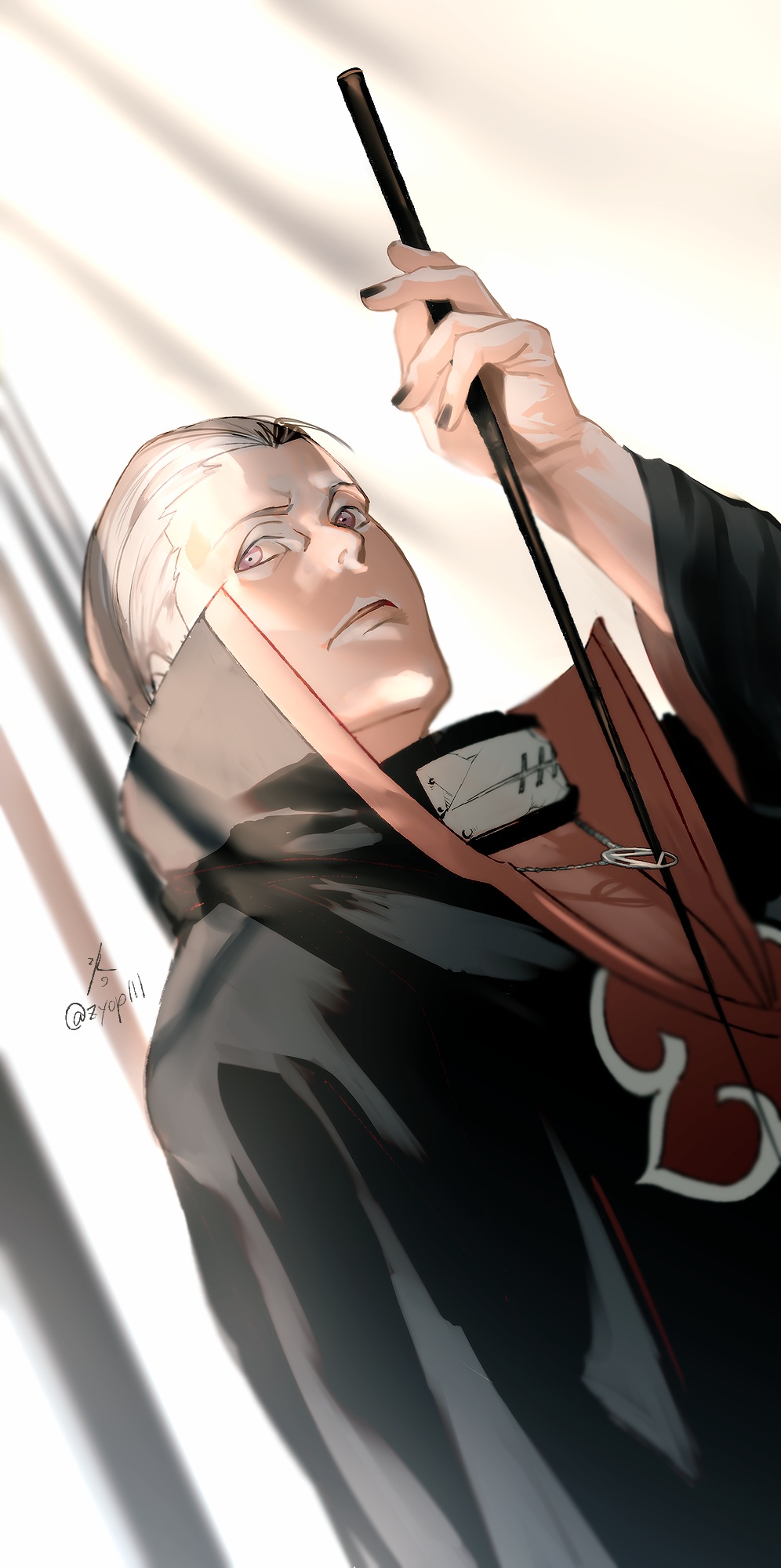 1boy akatsuki_uniform black_nails closed_mouth grey_hair hidan_(naruto) highres holding holding_polearm holding_weapon male_focus nail_polish naruto_(series) naruto_shippuuden ninja polearm purple_eyes simple_background solo weapon white_background zifletts