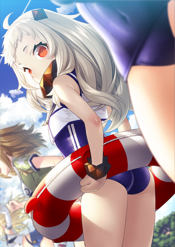 4girls abyssal_ship ahoge ass black_panties blonde_hair blue_one-piece_swimsuit blue_sky breasts brown_hair clothes_writing cloud cosplay covered_mouth covered_navel crop_top day elbow_gloves flat_chest gloves grey_eyes highleg highleg_panties horns i-26_(kancolle) kantai_collection lifebuoy long_hair looking_at_viewer medium_breasts miniskirt mittens multiple_girls new_school_swimsuit northern_ocean_princess one-piece_swimsuit open_clothes orange_eyes outdoors panties ro-500_(kancolle) ro-500_(kancolle)_(cosplay) sailor_collar school_swimsuit shimakaze_(kancolle) skirt sky striped_legwear swim_ring swimsuit swimsuit_under_clothes underwear unowen white_gloves white_hair