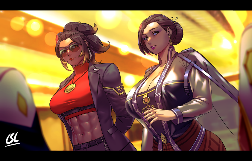 2girls abs arms_behind_back aviator_sunglasses bangs_pinned_back black_jacket blue_eyes blurry blurry_background breast_envy breasts brown-tinted_eyewear brown_hair cleavage commentary crop_top curvy dark-skinned_female dark_skin depth_of_field dollar_sign earpiece earrings english_commentary epaulettes fingernails forehead formal_clothes hair_bun huge_breasts indoors jacket jewelry large_breasts lens_flare letterboxed lipstick looking_at_another makeup medallion mentari_(phoebus_art) multicolored_hair multiple_girls muscular muscular_female nail_polish navel open_clothes open_jacket original pant_suit pants phoebus_art purple_lips purple_nails red_skirt see-through_clothes see-through_jacket shirt short_hair sideways_glance single_hair_bun skirt split_ponytail strapless suit sunglasses taut_clothes taut_shirt tinted_eyewear turtleneck two-tone_hair updo wide_ponytail zipper_pull_tab