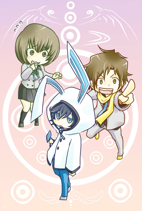 10s 1girl 2boys black_hair blue_eyes brown_eyes brown_hair devil_survivor_(series) devil_survivor_2 kuze_hibiki multiple_boys nitta_io open_mouth protagonist_(devil_survivor_2) scarf school_uniform shijima_daichi short_hair skirt smile yuta.