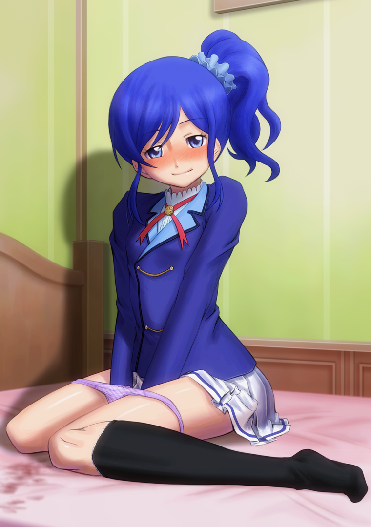 1girl after_masturbation aikatsu! aikatsu!_(series) bedroom between_legs black_socks blue_eyes blue_hair blue_jacket blue_scrunchie blush bonnie_(rsg) closed_mouth commentary_request full_body hair_ornament hair_scrunchie hand_between_legs high_side_ponytail indoors jacket kiriya_aoi long_sleeves looking_at_viewer miniskirt neck_ribbon panties panty_pull pleated_skirt purple_panties red_ribbon ribbon scrunchie shirt short_hair sitting skirt smile socks solo stained_sheets swept_bangs underwear wariza white_shirt white_skirt