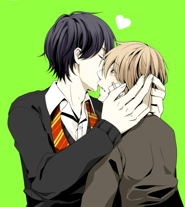 2boys adam&#039;s_apple bandaid bandaid_on_face black_hair blush brown_eyes brown_hair closed_eyes collar eyebrows eyebrows_hidden_by_hair face-to-face green_background harry_potter_(series) heart looking_at_another male_focus multiple_boys necktie parted_lips pixiv_id_1168015 profile remus_lupin school_uniform short_hair simple_background sirius_black striped_necktie striped_neckwear wing_collar wizarding_world yaoi