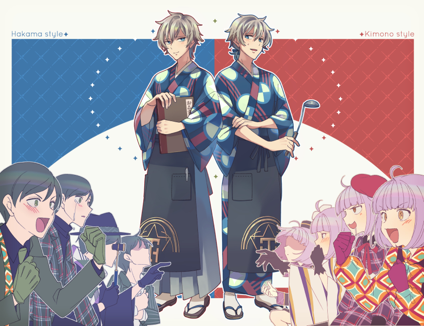 1girl 2boys :d apron black_gloves black_headwear blue_eyes blush character_request check_character crying drooling gaijin_4koma_(meme) gloves green_eyes green_gloves haruto_aori hat ladle meme mizu_(47ssn) multiple_boys multiple_views oosoto_masaki open_mouth opera_glasses plaid pointing red_gloves red_headwear sandals smile tasokare_hotel tsukahara_neko white_legwear wide_sleeves yellow_eyes