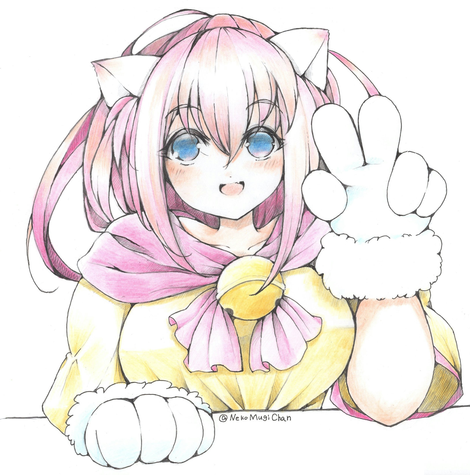 1girl animal_ears animal_hands bell blue_eyes blush breasts cat_ears cat_paws dress fang gloves hair_between_eyes high_ponytail highres large_breasts long_hair looking_at_viewer melody_sinclair nekomugichan open_mouth paw_gloves pink_hair ponytail simple_background smile solo tented_shirt tooth upper_body v white_background wide_ponytail yellow_dress yuukyuu_gensoukyoku