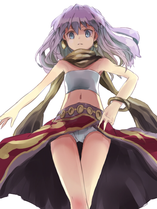 00s 1girl bare_legs bare_shoulders blue_eyes earrings female_focus hand_on_own_hip hip_focus jewelry long_hair maromi_(am97) mashiro_blan_de_windbloom md5_mismatch my-otome navel panties pantyshot purple_hair scar simple_background sleeveless solo strapless tube_top underwear