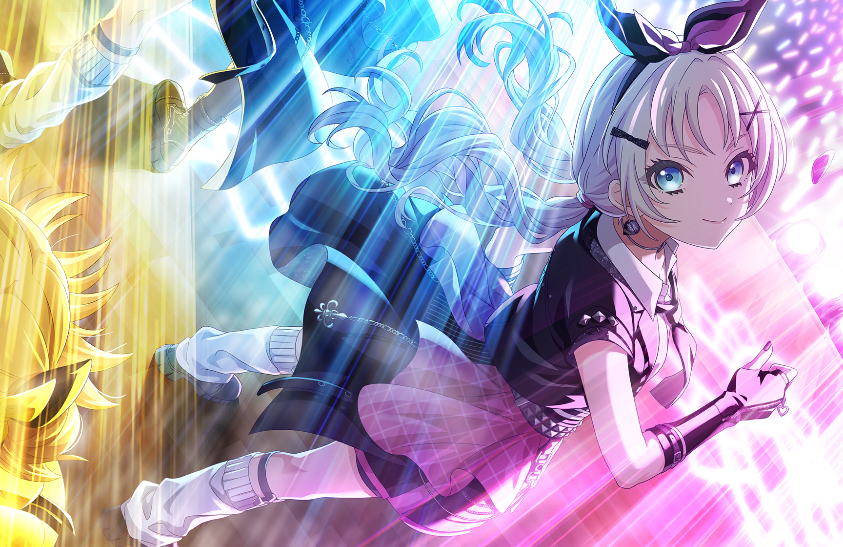 3girls black_gloves black_jacket black_necktie black_skirt blonde_hair blue_eyes blue_hair closed_mouth collared_shirt elbow_gloves fingerless_gloves game_cg gloves gradient_hair hair_ornament hairclip highres hinoshita_kaho i_do_me!_(love_live!) jacket legwear_garter link!_like!_love_live! long_hair looking_at_viewer loose_socks love_live! low_twintails miniskirt multicolored_hair multiple_girls murano_sayaka necktie non-web_source official_alternate_costume official_alternate_hairstyle official_art osawa_rurino pleated_skirt shirt short-sleeved_jacket short_sleeves skirt smile socks solo_focus split_mouth standing twintails v-shaped_eyebrows virtual_youtuber white_shirt white_socks x_hair_ornament