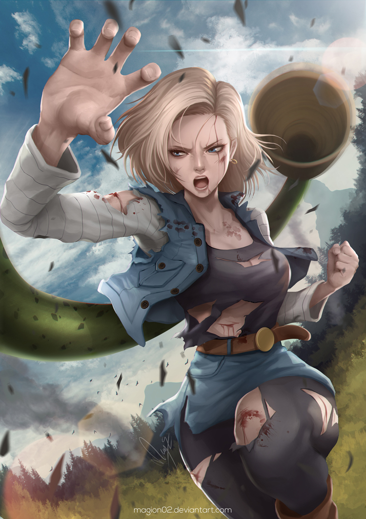 1girl android_18 artist_name battle belt black_shirt blonde_hair blood blood_on_face blue_eyes cell_(dragon_ball) clenched_hand cloud day deviantart_username dragon_ball dragonball_z earrings fighting_stance jewelry leggings lens_flare magion02 miniskirt outdoors pantyhose running semi-perfect_cell shirt signature skirt sky solo_focus tail torn_clothes torn_legwear torn_shirt tree vest watermark web_address