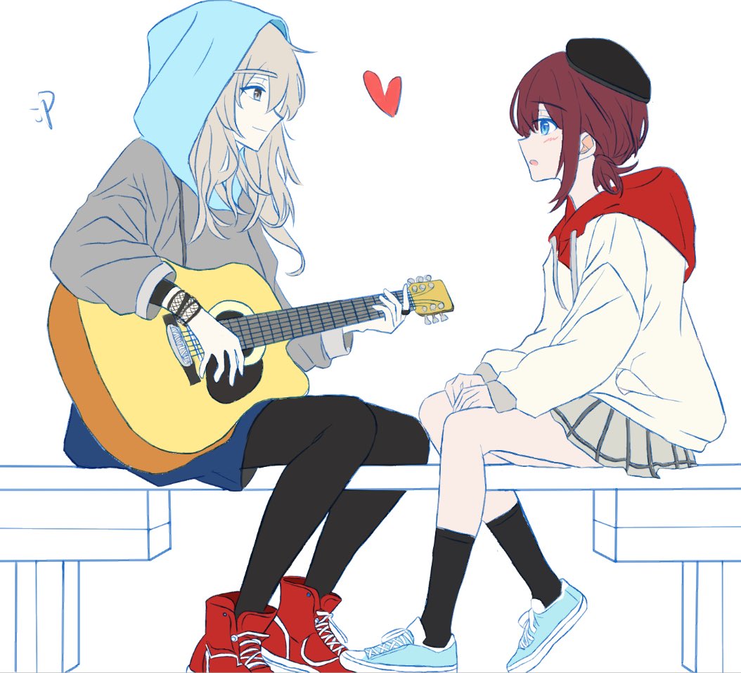 2girls acoustic_guitar black_hat black_pantyhose black_socks blue_eyes blue_footwear blue_hood blue_shorts blush brown_hair closed_mouth commentary girls_band_cry grey_eyes grey_hair grey_hoodie grey_skirt guitar hair_between_eyes hat heart holding holding_guitar holding_instrument hood hood_down hood_up hoodie instrument iseri_nina kawaragi_momoka long_hair long_sleeves looking_at_another low_twintails momokan_1209 multiple_girls open_mouth pantyhose pantyhose_under_shorts pleated_skirt red_footwear red_hood short_hair short_twintails shorts sidelocks sitting skirt socks twintails white_background white_hoodie yuri
