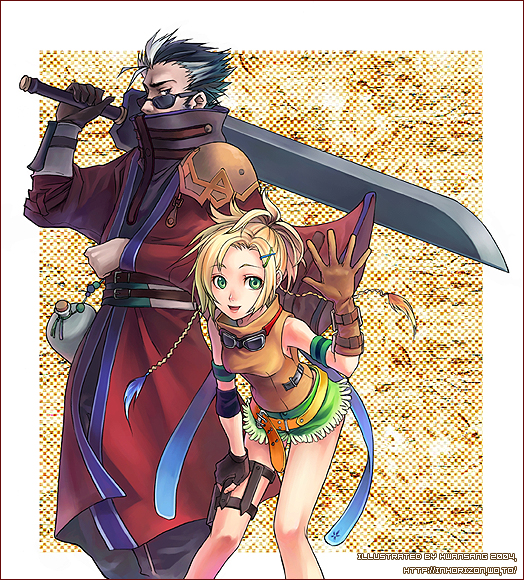 1boy 1girl 2004 archived_source armband armor artist_name asymmetrical_gloves auron bare_shoulders beads belt black_gloves black_hair black_shirt blonde_hair blue_feathers border braid breasts brown_belt brown_gloves brown_shirt buckle collared_shirt commentary_request corked_bottle covered_mouth curtained_hair cutoffs dated denim denim_shorts english_text feather_hair_ornament feathers final_fantasy final_fantasy_x gloves goggles goggles_around_neck green_armband green_eyes green_shorts h2so4 hair_ornament hairclip half_updo hand_on_own_thigh haori holding holding_behind_back holding_sword holding_sword_behind_back holding_weapon holding_weapon_behind_back huge_weapon japanese_clothes jug_(bottle) katana korean_commentary legs_apart lips long_hair long_sleeves looking_at_viewer loose_belt low-braided_long_hair low-tied_long_hair low_twin_braids medium_breasts mismatched_gloves multicolored_hair open_hand open_mouth orange_belt orange_feathers over_shoulder pauldrons ponytail projected_inset red_haori red_sleeves rikku_(ff10) shirt shoes short_ponytail shorts shoulder_armor sideburns single_arm_guard single_pauldron single_shoe sleeveless sleeveless_shirt square square_enix standing streaked_hair sunglasses sword sword_over_shoulder thigh_strap tinted_eyewear turtleneck twin_braids uneven_gloves watermark weapon weapon_over_shoulder web_address white_border white_hair