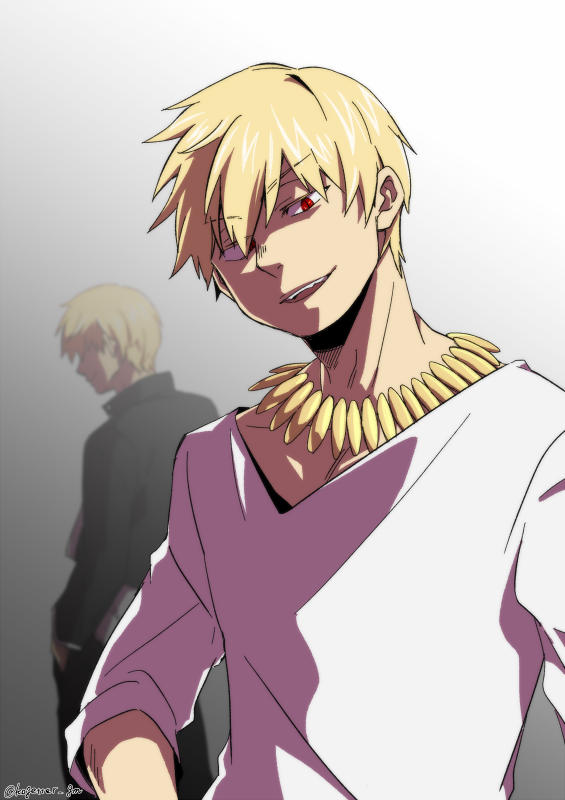2boys blonde_hair commentary dual_persona fate/stay_night fate/zero fate_(series) gilgamesh_(fate) gilgamesh_(immoral_biker_jacket)_(fate) hair_over_one_eye hands_in_pockets male_focus moonlight_0423 multiple_boys open_mouth red_eyes smile twitter_username