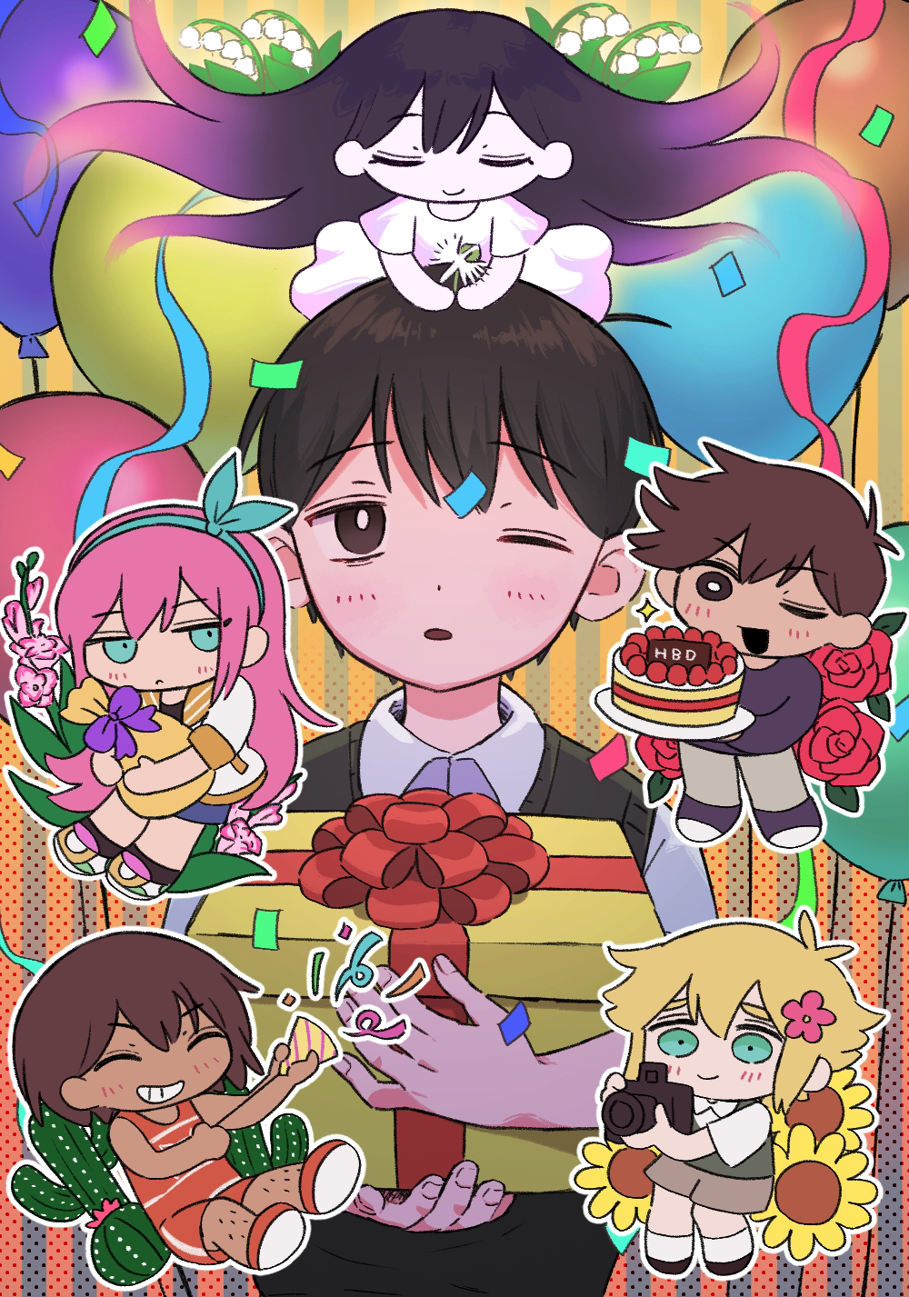 2girls 4boys aubrey_(faraway)_(omori) aubrey_(omori) balloon basil_(faraway)_(omori) basil_(omori) black_eyes black_hair black_socks black_sweater_vest blonde_hair blue_eyes blue_footwear blue_skirt blue_sweater blush box bright_pupils brown_hair cactus camera chibi closed_eyes closed_mouth collared_shirt colored_skin confetti dark-skinned_male dark_skin denim denim_skirt dress egret_orchid flower gift gift_box gladiolus green_sweater_vest grey_pants grin hair_flower hair_ornament hairband hero_(faraway)_(omori) hero_(omori) highres holding holding_camera holding_flower holding_gift holding_party_popper jacket kel_(faraway)_(omori) kel_(omori) lily_of_the_valley long_hair mari_(faraway)_(omori) mari_(omori) miranosub multiple_boys multiple_girls omori one_eye_closed open_mouth orange_shorts pants parted_lips party_popper pink_hair red_flower red_rose rose shirt shoes short_hair short_sleeves shorts skirt smile sneakers socks streamers sunflower sunny_(omori) sweater sweater_vest teeth white_dress white_jacket white_pupils white_shirt white_skin white_socks